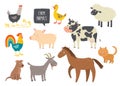 Set of cute farm animals. Horse, cow, sheep, pig, duck, hen, goat, dog, cat, cock. Cartoon vector hand drawn eps 10 Royalty Free Stock Photo