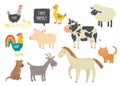 Set of cute farm animals. Horse, cow, sheep, pig, duck, hen, goat, dog, cat, cock. Cartoon vector hand drawn eps 10 Royalty Free Stock Photo