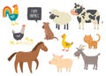 Set of cute farm animals. Horse, cow, sheep, pig, duck, hen, goat, dog, cat, cock. Cartoon vector hand drawn eps 10