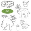 Set of cute farm animals and objects, vector family cows Royalty Free Stock Photo