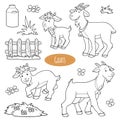 Set of cute farm animals and objects, vector family goats