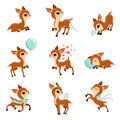 Flat vector set of cute fawn in different actions. Cartoon character of little deer. Adorable forest animal. Graphic Royalty Free Stock Photo