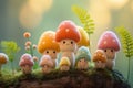 set of cute felt toys mushrooms in pastel colors on a blurred spring forest background