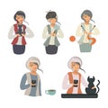 Set of cute female characters of old age at home. A lady with a cat, a magnifying glass, knits and drinks coffee