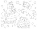 A set of cute festive Easter unicorns. Coloring book page for kids. Cartoon style character. Vector illustration isolated on white Royalty Free Stock Photo