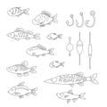 A set of cute fish with fishing gear in a linear style