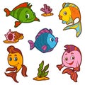 Set of cute fish and natural sites, vector stickers Royalty Free Stock Photo