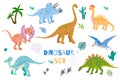 Set of cute flat dinosaurs. Funny prehistoric lizards for kids. Royalty Free Stock Photo