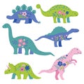 Set of cute floral dinosaurs isolated on a white background. Vector graphics Royalty Free Stock Photo