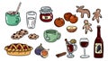 Set of cute food doodles. Hygge food stickers for planners and botebooks. Cocoa, pie, mulled wine, ginger cookies, apples, jam