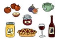 Set of cute food doodles. Hygge food stickers for planners and botebooks. Cocoa, pie, mulled wine, ginger cookies, apples, jam