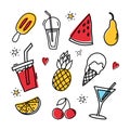 Set of cute food and drink summer icons. Ice cream, drink, watermelon, pear, pineapple, orange, cherry and martini Royalty Free Stock Photo