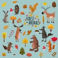 Set of cute forest animals bear, raccoon, squirrel, hare, fox, wolf, hedgehog, moose, deer, autumn leaves trees, trend