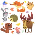 Set of cute forest animals isolated on white background. Cartoon bird hedgehog beaver bunny rabbit chipmunk fox mouse and moose Royalty Free Stock Photo