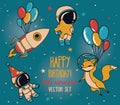 Set of cute fox with balloons, astronauts and rocket in space for birthday party in cosmic style Royalty Free Stock Photo