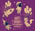 Set of cute fox with balloons, astronauts and rocket in space for birthday party in cosmic style Royalty Free Stock Photo