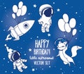 Set of cute fox with balloons, astronauts and rocket in space for birthday party in cosmic style Royalty Free Stock Photo