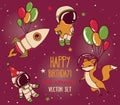 Set of cute fox with balloons, astronauts and rocket in space for birthday party in cosmic style Royalty Free Stock Photo