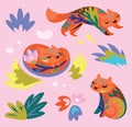 Set of cute foxes with floral elements. Vector illustration Royalty Free Stock Photo