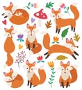 Set of cute foxes vector illustrations in flat style. Fox cartoon characters clip art collection. Woodland animal. Forest animals. Royalty Free Stock Photo