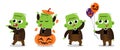 Set of cute Frankenstein . Halloween cartoon characters . Vector