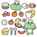 Set of cute frog chef with food on white background.Reptile animal