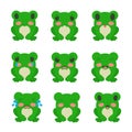 Set of cute frogs. Different emotions of cartoon toads. Vector illustration. Collection of green frogs isolated on white