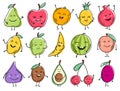 Set of cute fruits characters and fruits face for vegetarian and healthy nutrition. Vector cartoon face food isolated on Royalty Free Stock Photo
