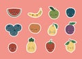 Set of cute fruits with eyes and smiles on a pink background. Fruit and berry characters. Isolated fully editable flat Royalty Free Stock Photo