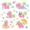 Set of cute and fun summer pink unicorn on a beach