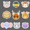 Set of cute funny animal heads stickers. African cartoon animal characters for baby print design, kids wear, baby shower, greeting Royalty Free Stock Photo