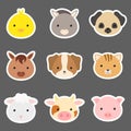 Set of cute funny animal heads stickers. Domestic cartoon animal characters for baby print design, kids wear, baby shower, Royalty Free Stock Photo