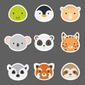 Set of cute funny animal heads stickers. Wild cartoon animal characters for baby print design, kids wear, baby shower, greeting Royalty Free Stock Photo