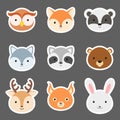 Set of cute funny animal heads stickers. Woodland cartoon animal characters for baby print design, kids wear, baby shower, Royalty Free Stock Photo