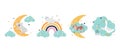 A set of cute funny animals with a moon, a cloud and a rainbow. Ready-made vector prints for decorating children's rooms Royalty Free Stock Photo
