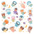 Set of cute funny baby animal astronauts floating in space. Adorable little piglet, fox, hippo, bear, tiger, elephant Royalty Free Stock Photo