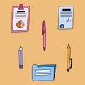 Set of cute and funny business documents, pens and pencils in cartoon style. Paper in clipboard, folder, pencil for writing things