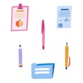 Set of cute and funny business documents, pens and pencils in cartoon style. Paper in clipboard, folder, pencil for writing things