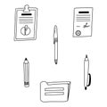 Set of cute and funny business documents, pens and pencils in doodle style. Paper in clipboard, folder, pencil for writing things