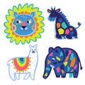 Set of cute funny cartoon animal characters lion, giraffe, llama and elephant. Scandinavian style, flat design. Royalty Free Stock Photo