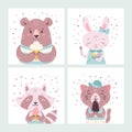 Set of cute funny cartoon summer animals. Bear, rabbit, raccoon and cat eating ice cream, licking popsicle, cone. Royalty Free Stock Photo