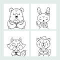 Set of cute funny cartoon summer animals. Bear, rabbit, raccoon and cat eating ice cream, licking popsicle, cone. Royalty Free Stock Photo