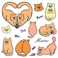 set of cute funny cats, vector drawing, cats in different poses, with a ball, on a white background, for stickers Royalty Free Stock Photo