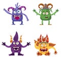Set of cute funny characters troll, bigfoot, yeti, imp, with different emotions, cartoon style, for books, advertising