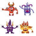 Set of cute funny characters troll, goblin, yeti, imp, with different emotions, cartoon style, for books, advertising