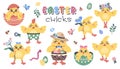 Set of Cute funny Chickens stickers. Little birds with wildflower, wreath, funny clothers. Chick in easter egg, earthworm, bee. Royalty Free Stock Photo