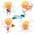 Set of cute funny cupids for valentine`s day isolated on white background
