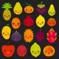 Set of cute funny kawaii fruit Pear Mangosteen tangerine pineapple papaya persimmon pomegranate lime apricot plum dragon fruit fig