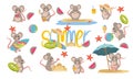 Set cute funny mice in the summer. Beach relax, games and surfing. The mouse and the rat.