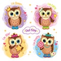 Set of cute funny owls with a crown, star, magic wand, candy.. Cartoon fabulous images with princess, fairy. Vector.